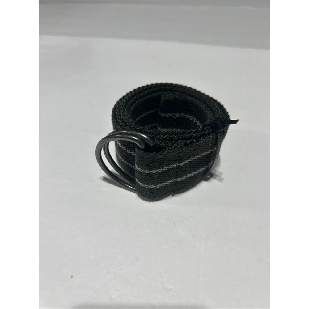 Mens Canvas Web Belt Striped Green Grey Metal Double D-Ring Adjustable 42 Inch